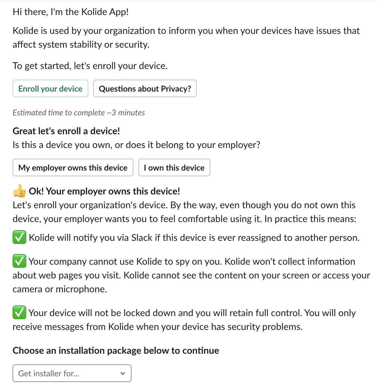 The Kolide onboarding workflow using Slack